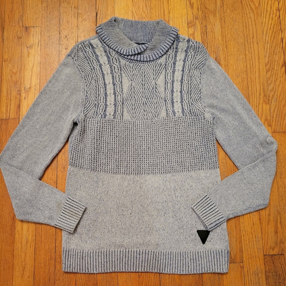 Trash Nouveau S Sweater Blue White Cable Knit Marled Turtleneck Pullover Cozy